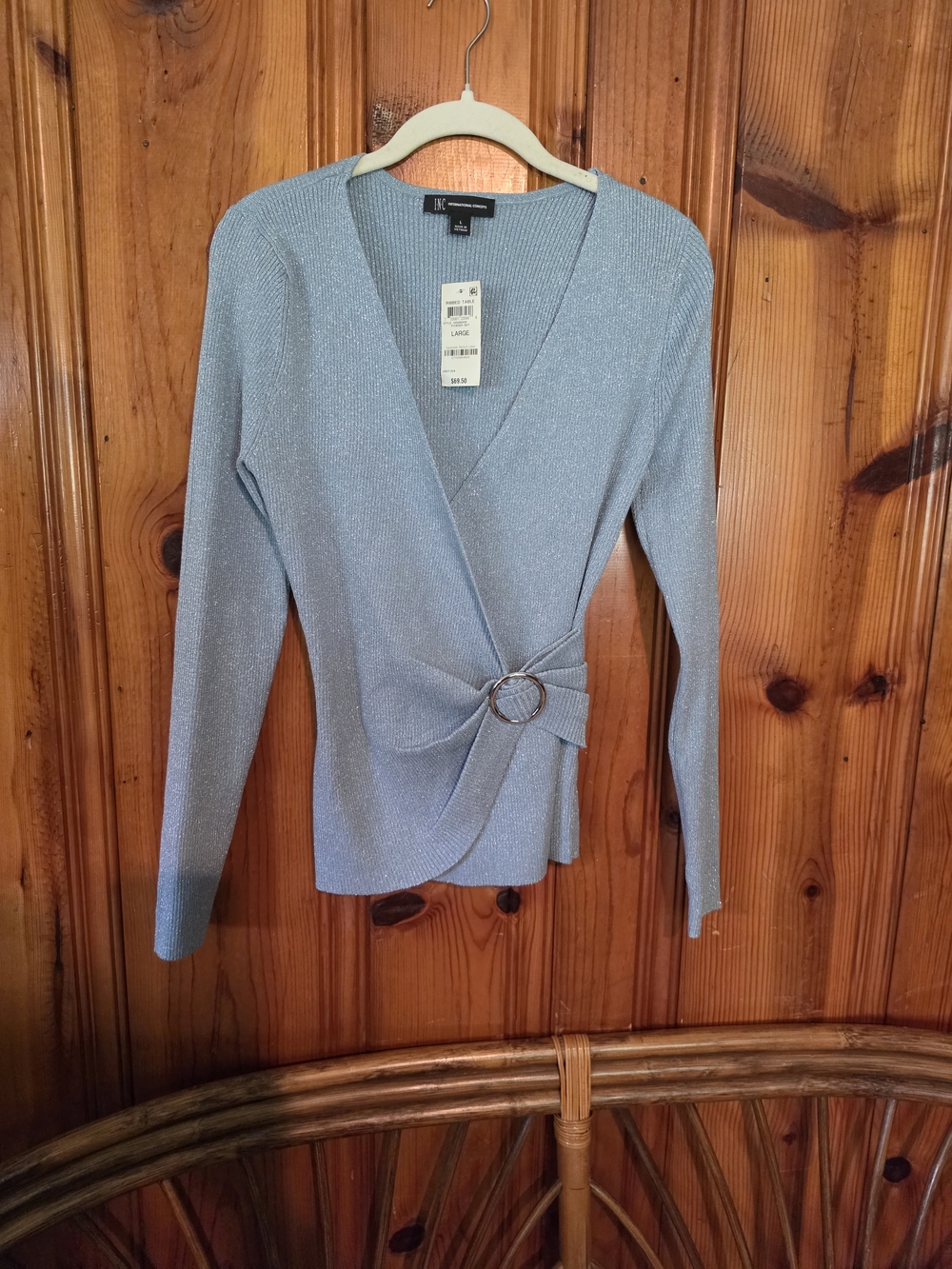 INC International Concepts Metallic Light Blue Wrap V-Neck Sweater with Ring
